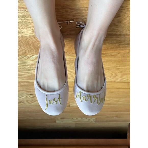 Kate Spade Just Married Travel Ballet Flats Blush Pink Gold Embroidery Size 7 - Picture 1 of 7